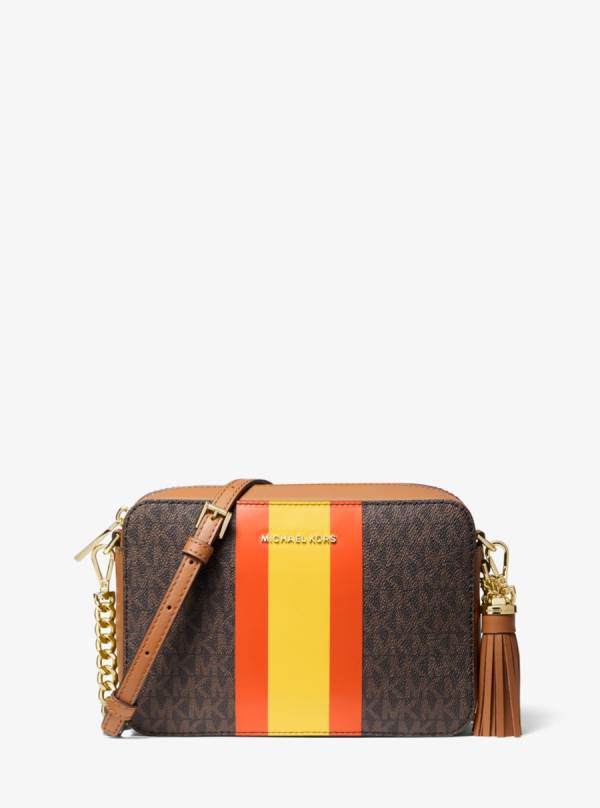 Damske Prenosná Taška Michael Kors Jet Set Medium Logo Stripe Camera Hnede Oranžové Žlté - Kabelky Michael Kors Obchod | VFHLR-6378